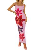 Vestido maxi feminino ZESICA, floral de verão, com alça espaguete, rosa Vestido maxi feminino ZESICA, floral de verão, com alça espaguete, rosa