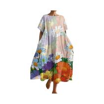 Vestido Maxi Floral De Tamanho Grande Para Mulheres, Decote Redondo, Manga Curta, Vestido Vestido Maxi Floral De Tamanho Grande Para Mulheres, Decote Redondo, Manga Curta, Vestido