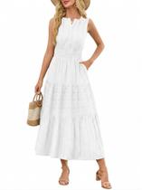 Vestido maxi Funlingo branco de verão sem mangas para mulheres Vestido maxi Funlingo branco de verão sem mangas para mulheres