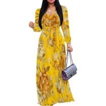 Vestido maxi Girlair feminino plus size com decote em V e manga comprida