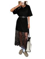 Vestido maxi GORGLITTER feminino de renda de manga curta preto Vestido maxi GORGLITTER feminino de renda de manga curta preto