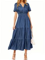 Vestido Maxi Jeans Simples Simplee Decote V Manga Curta Azul Escuro Vestido Maxi Jeans Simples Simplee Decote V Manga Curta Azul Escuro