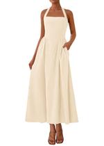 Vestido maxi KIRUNDO, de verão, sem mangas, frente única, feminino, bege