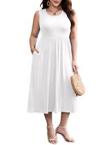 Vestido maxi LARACE sem mangas, gola redonda, plissado, branco esvoaçante Vestido maxi LARACE sem mangas, gola redonda, plissado, branco esvoaçante