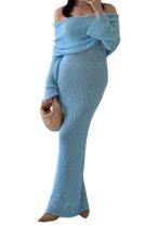 Vestido maxi LETSVDO feminino, sem ombros, azul, outono de 2024