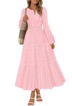 Vestido maxi MEROKEETY 2025, outono, manga comprida, decote em V, rosa