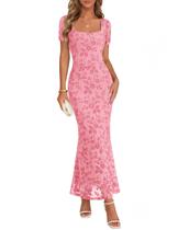 Vestido maxi MEROKEETY 2026 de malha floral com gola quadrada rosa Vestido maxi MEROKEETY 2026 de malha floral com gola quadrada rosa