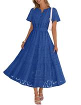Vestido maxi MEROKEETY 2026 feminino com ilhós florais de renda azul royal Vestido maxi MEROKEETY 2026 feminino com ilhós florais de renda azul royal