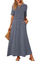 Vestido maxi MEROKEETY casual de verão para mulheres listrado azul marinho Vestido maxi MEROKEETY casual de verão para mulheres listrado azul marinho