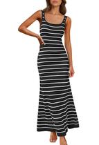 Vestido maxi MEROKEETY feminino 2025 sem mangas listrado preto Vestido maxi MEROKEETY feminino 2025 sem mangas listrado preto