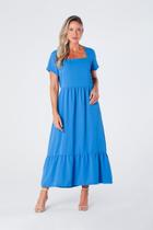 Vestido Maxi Midi com Manga - Gola Quadrada Cintura Franzida e Barra de Babado Azul Sofia