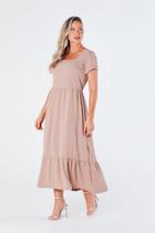 Vestido Maxi Midi com Manga - Gola Quadrada Cintura Franzida e Barra de Babado Bege Sofia
