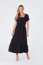 Vestido Maxi Midi com Manga - Gola Quadrada Cintura Franzida e Barra de Babado Preto Sofia