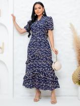 Vestido Maxi Midi Elegante Bordado com Babado Moda Evangélica Lese Algodão Cor:Azul marinhoTamanho:GG