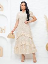 Vestido Maxi Midi Elegante Bordado com Babado Moda Evangélica Lese Algodão Cor:BegeTamanho:M Vestido Maxi Midi Elegante Bordado com Babado Moda Evangélica Lese Algodão Cor:BegeTamanho:M