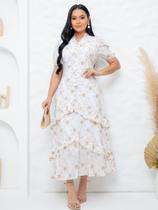 Vestido Maxi Midi Elegante Bordado com Babado Moda Evangélica Lese Algodão Cor:BrancoTamanho:P