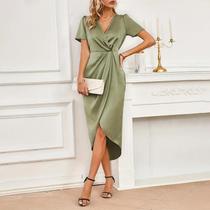Vestido Maxi Midi Elegante De Seda Com Decote Em V Para Mulheres, Manga Curta, Vestido De Festa De