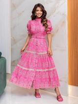 Vestido Maxi Midi Festa Gola Alta Convidada Casamento Formatura Manga Curta Laise Algodão