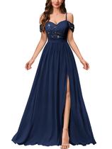 Vestido maxi Miusol Off Shoulder com lantejoulas dividido em azul marinho