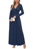 Vestido maxi OUGES feminino de manga comprida com decote em V, cintura azul marinho