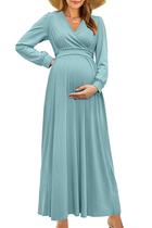 Vestido maxi para maternidade OUGES de outono, manga comprida, decote em V, 2025 Vestido maxi para maternidade OUGES de outono, manga comprida, decote em V, 2025