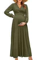 Vestido maxi para maternidade OUGES de outono, manga comprida, decote em V, 2025 Vestido maxi para maternidade OUGES de outono, manga comprida, decote em V, 2025