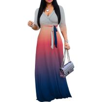 Vestido maxi PinkPatty Gradient com decote em V e mangas 3/4 com cinto Vestido maxi PinkPatty Gradient com decote em V e mangas 3/4 com cinto