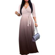 Vestido maxi PinkPatty Gradient com decote em V, mangas 3/4 com cinto
