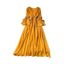 Vestido Maxi Plissado Vintage Para Mulheres, Decote Em V, Manga Larga Com Renda, Vestido De Verão Em