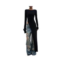 Vestido Maxi Preto De Manga Longa Com Fenda Para Mulheres, Moda De Rua Y2K Para Festas E Festivais