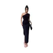 Vestido Maxi Preto Feminino Sem Mangas Costas Nuas Fenda Ombro a Ombro Verão Streetwear Festa Balada