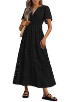 Vestido maxi PRETTYGARDEN 2025 para mulheres com decote em V, ilhó preto Vestido maxi PRETTYGARDEN 2025 para mulheres com decote em V, ilhó preto