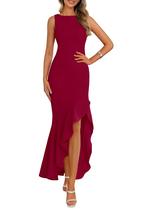 Vestido maxi PRETTYGARDEN 2025 sem mangas com babados, sereia, vinho tinto Vestido maxi PRETTYGARDEN 2025 sem mangas com babados, sereia, vinho tinto