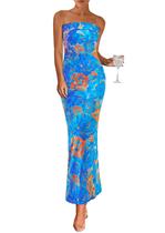 Vestido maxi PRETTYGARDEN com estampa floral sem alças, azul Vestido maxi PRETTYGARDEN com estampa floral sem alças, azul