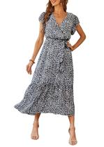 Vestido Maxi PRETTYGARDEN Cruzado con Volantes y Estampado Floral en Negro Talla M Vestido Maxi PRETTYGARDEN Cruzado con Volantes y Estampado Floral en Negro Talla M