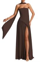 Vestido maxi PUXIU Bridesmaid, cachecol de cetim, gola, aline, marrom