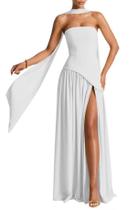 Vestido maxi PUXIU, cachecol de cetim branco, dama de honra, linha A, EUA 12 Vestido maxi PUXIU, cachecol de cetim branco, dama de honra, linha A, EUA 12