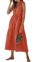 Vestido maxi R.Vivimos, verão, algodão, sem mangas, decote em V, feminino Vestido maxi R.Vivimos, verão, algodão, sem mangas, decote em V, feminino