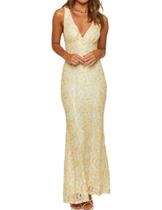 Vestido maxi Realtix Elegant Lace Floral com decote em V sem encosto amarelo