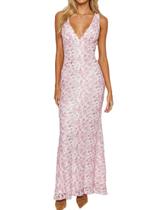 Vestido maxi Realtix elegante de renda floral com decote em V sem encosto rosa
