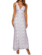 Vestido maxi Realtix, elegante, renda floral, decote em V, sem encosto, roxo