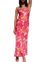 Vestido maxi Realtix Summer com estampa de cetim sem encosto para mulheres Vestido maxi Realtix Summer com estampa de cetim sem encosto para mulheres