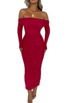 Vestido Maxi Rojo PRETTYGARDEN con Hombros Descubiertos, Fruncido y Abertura, Talla L