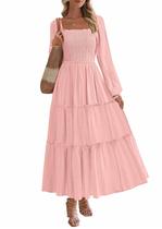 Vestido maxi rosa de manga larga con fruncido y volantes PRETTYGARDEN XXL Vestido maxi rosa de manga larga con fruncido y volantes PRETTYGARDEN XXL