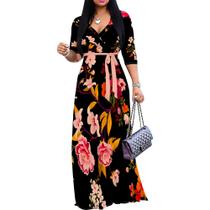 Vestido maxi rosa Patty com decote em V, manga 3/4 com bolsos e cinto para mulheres