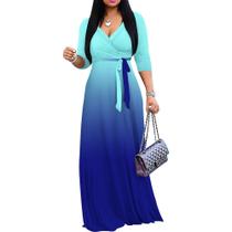 Vestido maxi rosa Patty Gradient com decote em V, mangas 3/4+3GG para mulheres