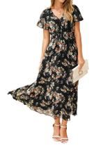 Vestido maxi, roupa simples, floral, verão, chiffon, preto, feminino
