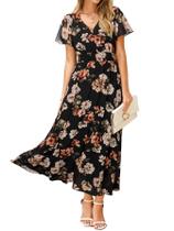 Vestido maxi, roupa simples, floral, verão, chiffon, preto, feminino