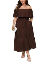 Vestido maxi SCOMCHIC, sem ombro, com babados, marrom, tamanho grande