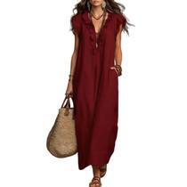 Vestido maxi sem mangas com babados e decote V, bordô, XXL Vestido maxi sem mangas com babados e decote V, bordô, XXL